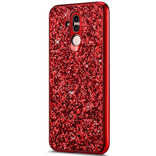 QPOLLY Kompatibel mit Huawei Mate 20 Lite Hülle Glitzer Bling Dünne Hardcase Hart PC Rückschale,Glänzend Hybrid Silikon Schutzhülle TPU Rahmen Bumper Anti-Kratzer Hülle für Huawei Mate 20 Lite,Rot von QPOLLY