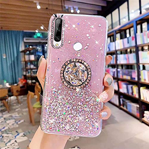 QPOLLY Kompatibel mit Huawei P Smart Z Hülle mit Glitzer Strass Ring Ständer Silikon Glänzend Bling Stern Schutzhülle Kristall klar Weiche TPU Handyhülle Stoßfest Bumper Case Tasche,Rosa von QPOLLY