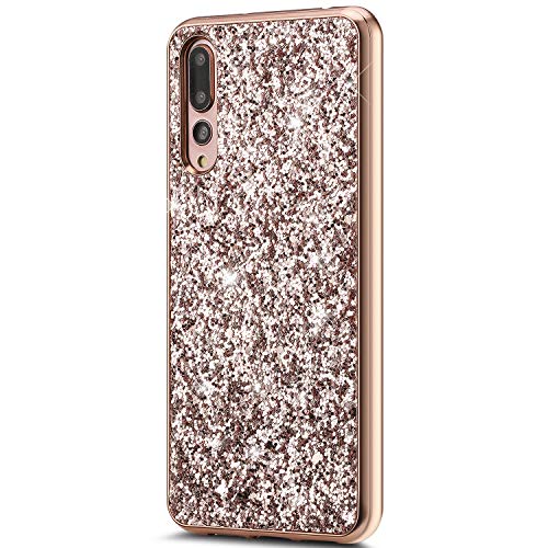 QPOLLY Kompatibel mit Huawei P20 Pro Hülle Glitzer Bling Dünne Hardcase Hart PC Rückschale,Glänzend Hybrid Silikon Schutzhülle TPU Rahmen Bumper Anti-Kratzer Hülle für Huawei P20 Pro,Rosegold von QPOLLY