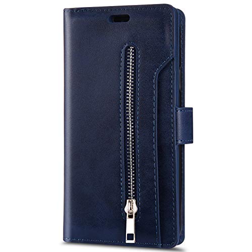 QPOLLY Kompatibel mit Samsung Galaxy A20e Hülle Klappbar Ledertasche,PU Leder Handyhülle Reißverschluss Brieftasche Magnet Geldbörse Schutzhülle mit 9 Kartenhalter Standfunktion,Blau von QPOLLY