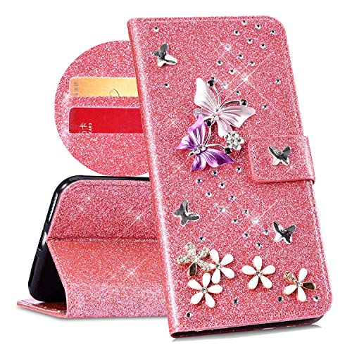 QPOLLY Kompatibel mit Samsung Galaxy J7 2017 Hülle Bling Glitzer 3D Diamant Handytasche im Bookstyle PU Leder Magnetisch Schutzhülle Kartensteckplatz Geldbörse Ledertasche mit Standfunktion,Rosa von QPOLLY