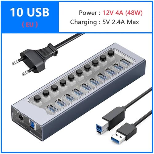ORICO USB 3.0 Hub Splitter Docking Station Power Strip-Adapter mit Einschaltschalter Mehrere Ports für PC-Geräte(10 USB and EU Plug) von QPSJXN
