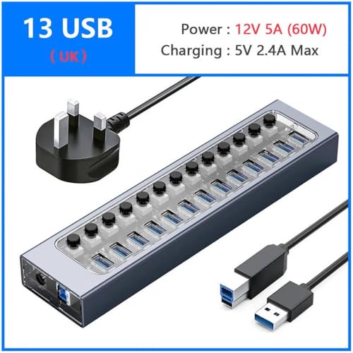 ORICO USB 3.0 Hub Splitter Docking Station Power Strip-Adapter mit Einschaltschalter Mehrere Ports für PC-Geräte(13 USB and UK Plug) von QPSJXN
