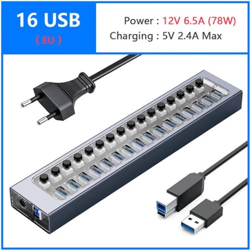 ORICO USB 3.0 Hub Splitter Docking Station Power Strip-Adapter mit Einschaltschalter Mehrere Ports für PC-Geräte(16 USB and EU Plug) von QPSJXN