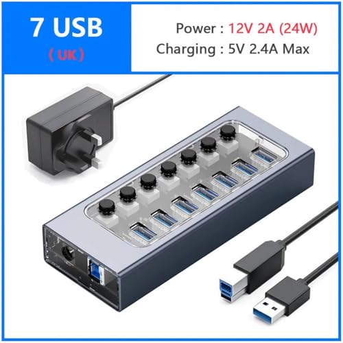ORICO USB 3.0 Hub Splitter Docking Station Power Strip-Adapter mit Einschaltschalter Mehrere Ports für PC-Geräte(7 USB and UK Plug) von QPSJXN