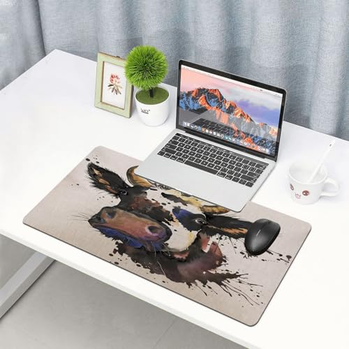 QRFASFZO Großes Gaming-Mauspad mit genähten Kanten,rutschfeste Gummibasis,Kuh-Aquarell-Grafiken. Kuh-Tierillustration mit Strukturiertem Spritzer-Aquarell-Hi,Für Büro Zuhause und Spielzimmer 75x40 cm von QRFASFZO