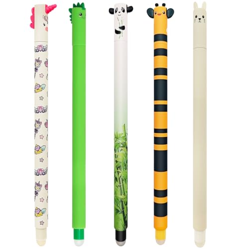 QRKPVHD Set mit 5 radierbaren Gelstiften mit thermosensitiver Radier-Tinte, verschiedene Tintenfarben und Gehäusedesigns, 0,7 mm Spitze, Tiermotive (5 löschbare Stifte-C) von QRKPVHD