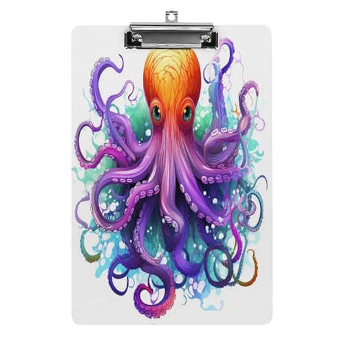 Acryl-Klemmbrett, 32,5 x 21,6 cm, transparent, hält 100 Blatt, lustiger, farbenfroher Oktopus-Druck, flaches Profil-Clip für Büro, Restaurant von QSKDLAC