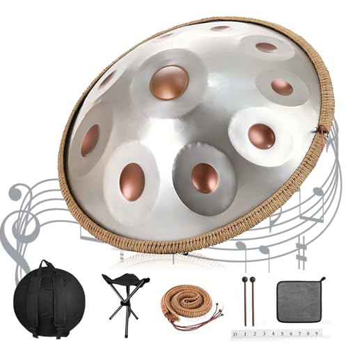 Handpan 440 Hz, 10 Töne 22 Zoll Steel Handpan Instrument, Handpan Drum Gold in D Minor Zungentrommel mit Handpan Weicher Tasche, Schlägeln, Handtrommelständer von QSMGRBGZ