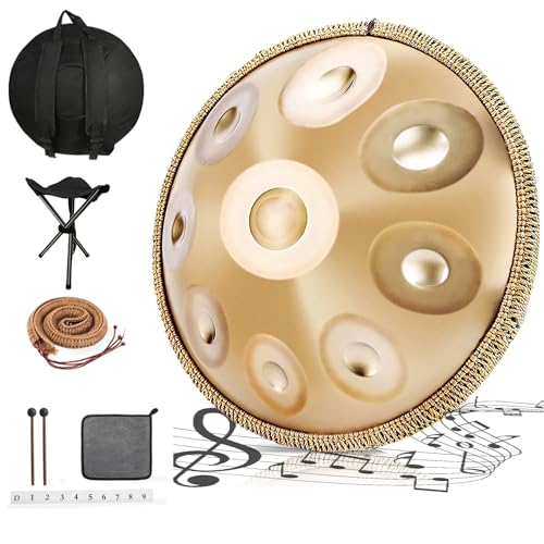 Handpan 440 Hz, 9 Töne 22 Zoll Steel Handpan Instrument, Handpan Drum Gold in D Minor Zungentrommel mit Handpan Weicher Tasche, Schlägeln, Handtrommelständer von QSMGRBGZ