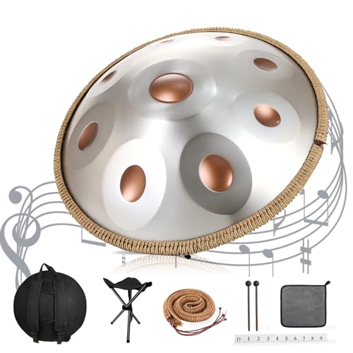 Handpan 440 Hz, 9 Töne 22 Zoll Steel Instrument, Handpan Drum Gold in D Minor Zungentrommel mit Weicher Tasche, Schlägeln, Handtrommelständer (Silver, 9 Töne 22 Zoll) Handpan 440 Hz, 9 Töne 22 Zoll Steel Instrument, Handpan Drum Gold in D Minor Zungentrommel mit Weicher Tasche, Schlägeln, Handtrommelständer (Silver, 9 Töne 22 Zoll) von QSMGRBGZ