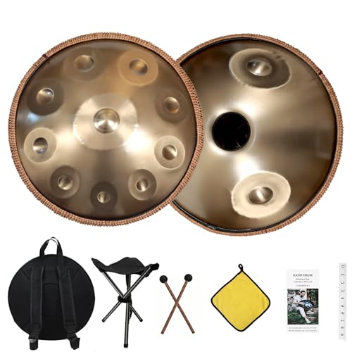 Handpan 440 Hz, 9 Töne 22 Zoll Steel Instrument, Handpan Drum Gold in D Minor Zungentrommel mit Weicher Tasche, Schlägeln, Handtrommelständer (Gold, 12 Töne 22 Zoll) von QSMGRBGZ