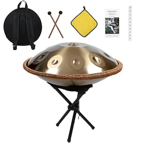 Handpan 440 Hz, 9 Töne 22 Zoll Steel Instrument, Handpan Drum Gold in D Minor Zungentrommel mit Weicher Tasche, Schlägeln, Handtrommelständer (Gold, 9 Töne 18 Zoll) von QSMGRBGZ