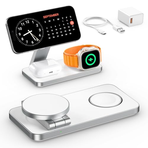 Kompatibel mit Magsafe Ladegerät,QTlier Ladestation Apple Watch und iPhone Kompatibel mit iPhone 15/14/13/12 Serie,Mag Safe Ladestation für Apple Watch 8/7/6/5/4/3/2/SE und AirPods 3/2/Pro (Weiß) von QTlier