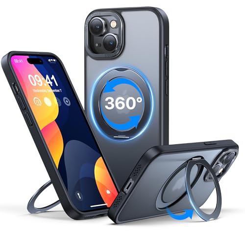 QTlier für iPhone 15 Hülle, 360° Drehbare Ringständerhülle Kompatibel mit MagSafe, [Schutz in Militärqualität] [Erhöhter Kamerarahmen] Kickstand-Hülle für iPhone 15 6,1",Schwarz von QTlier
