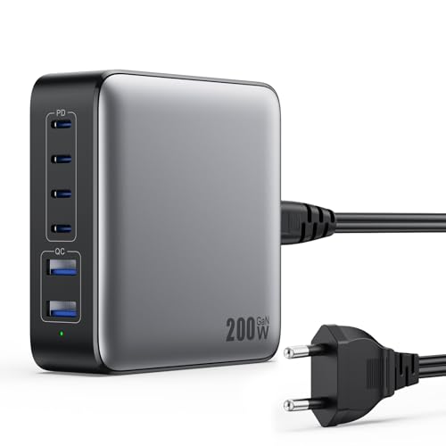 200W USB C Ladegerät Mehrfach, 6-Port GaN III Tech USB C Netzteil PD+QC Schnellladegerät mit 4 USB-C und 2 USB-A, 65W Laptop-Ladegerät Schnelles Laden Adapter für MacBook/iPad/iPhone 16/15/Samsung usw von QTshine