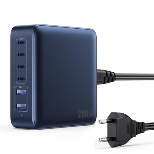 200W USB C Ladegerät Mehrfach, 6-Port GaN III Tech USB C Netzteil PD+QC Schnellladegerät mit 4 USB-C und 2 USB-A, 65W Laptop-Ladegerät Schnelles Laden Adapter für MacBook/iPad/iPhone 16/15/Samsung usw von QTshine