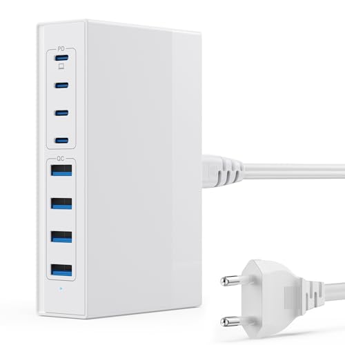 200W USB C Ladegerät Mehrfach, 8 Port Ladestation GaN III Tech Netzteil Schnellladegerät, PD 65W Laptop Ladegerät mit 4 PD USB C und 4 QC USB A Ladestation für iPhone, MacBook, iPad, Samsung-Weiß von QTshine