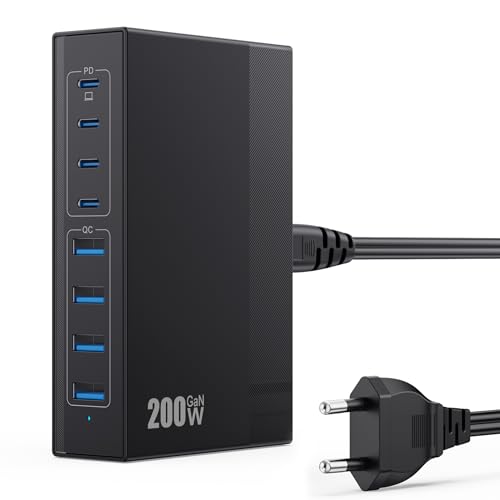200W USB C Ladegerät Mehrfach, 8 Port Ladestation GaN III Tech Netzteil Schnellladegerät, PD 65W Laptop Ladegerät mit 4 PD USB C und 4 QC USB A Ladestation für iPhone 16 15 14, MacBook, iPad, Samsung von QTshine