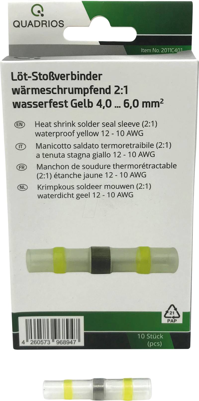 QUAD 2011C401 - Löt-Stoßverbinder-Sortiment, Gelb - 4.0 ... 6.0 mm² - 10 tlg. von QUADRIOS
