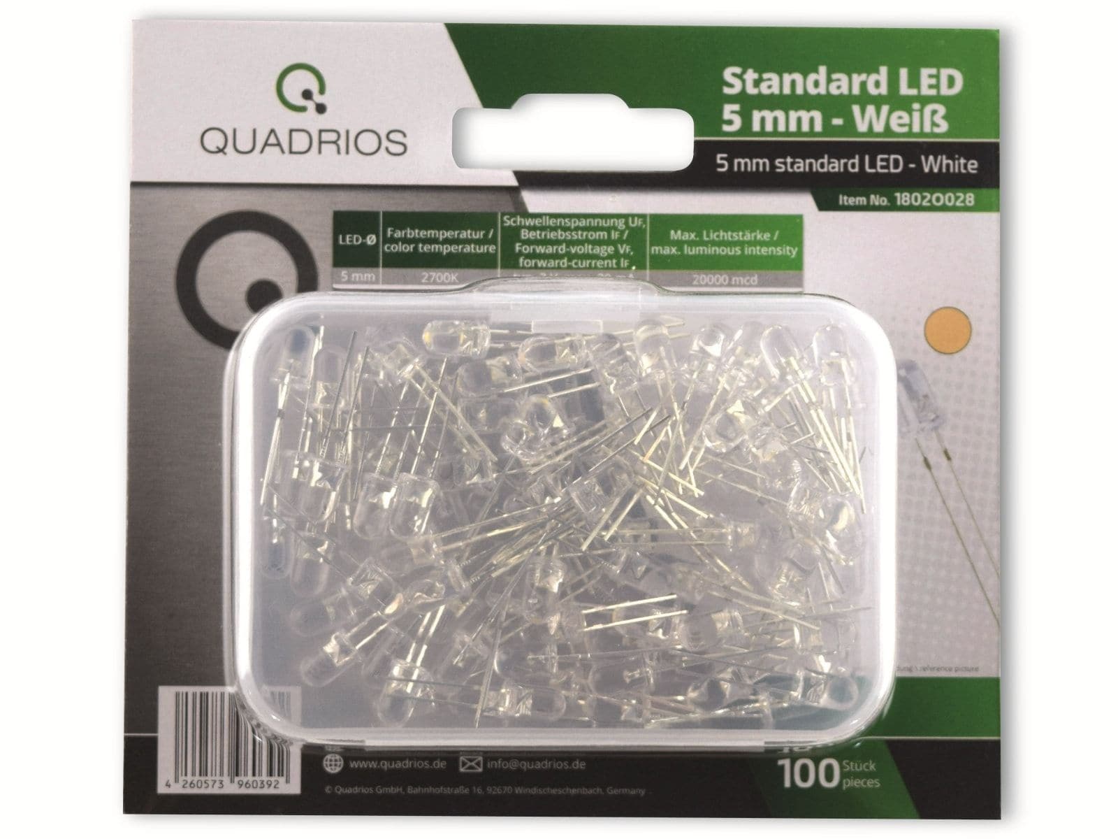QUADRIOS, 1802O028, LED Sortiment 5 mm Leuchtdioden Warmweiss (20000 mcd) 100 tlg von QUADRIOS