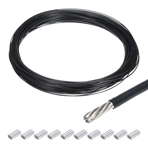 QUARKZMAN 100Ft(30M) Draht Seil 304 Edelstahl Stahl Kabel 3/64"(1mm) Vinyl Beschichtet mit 10Stk Aluminium Ärmel zum Aufhängen Wäscheleinen Heben Schwarz von QUARKZMAN