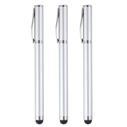 QUARKZMAN 3 Stück Kugelschreiber mit Stylus-Spitze, 2-in-1-Tintenstift und Gummi-Eingabestifte mit feiner Spitze für alle kapazitiven Touchscreens, universell, Silber von QUARKZMAN