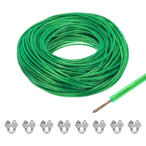 QUARKZMAN 4mm (5/32 Zoll) Grünes Vinyl-beschichtetes Drahtseil, 60m /197ft Verzinktes Stahlkabel-Drahtseil mit 8 Stück M5 Schlaufenhülsen zum Aufhängen von, Gartenkabeln von QUARKZMAN