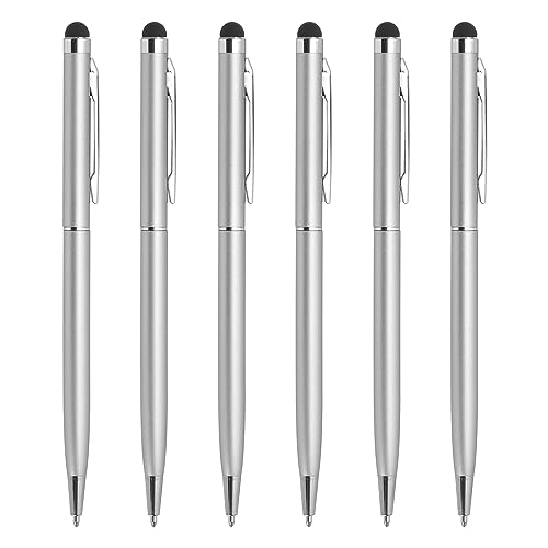 QUARKZMAN 6Stk Metall Stylus Stift Kugelschreiber 2 in 1 Universal Einziehbar Tinte Stift mit Stylus Spitzen für Alle Kapazitiven Touchscreen Geräte Silber von QUARKZMAN