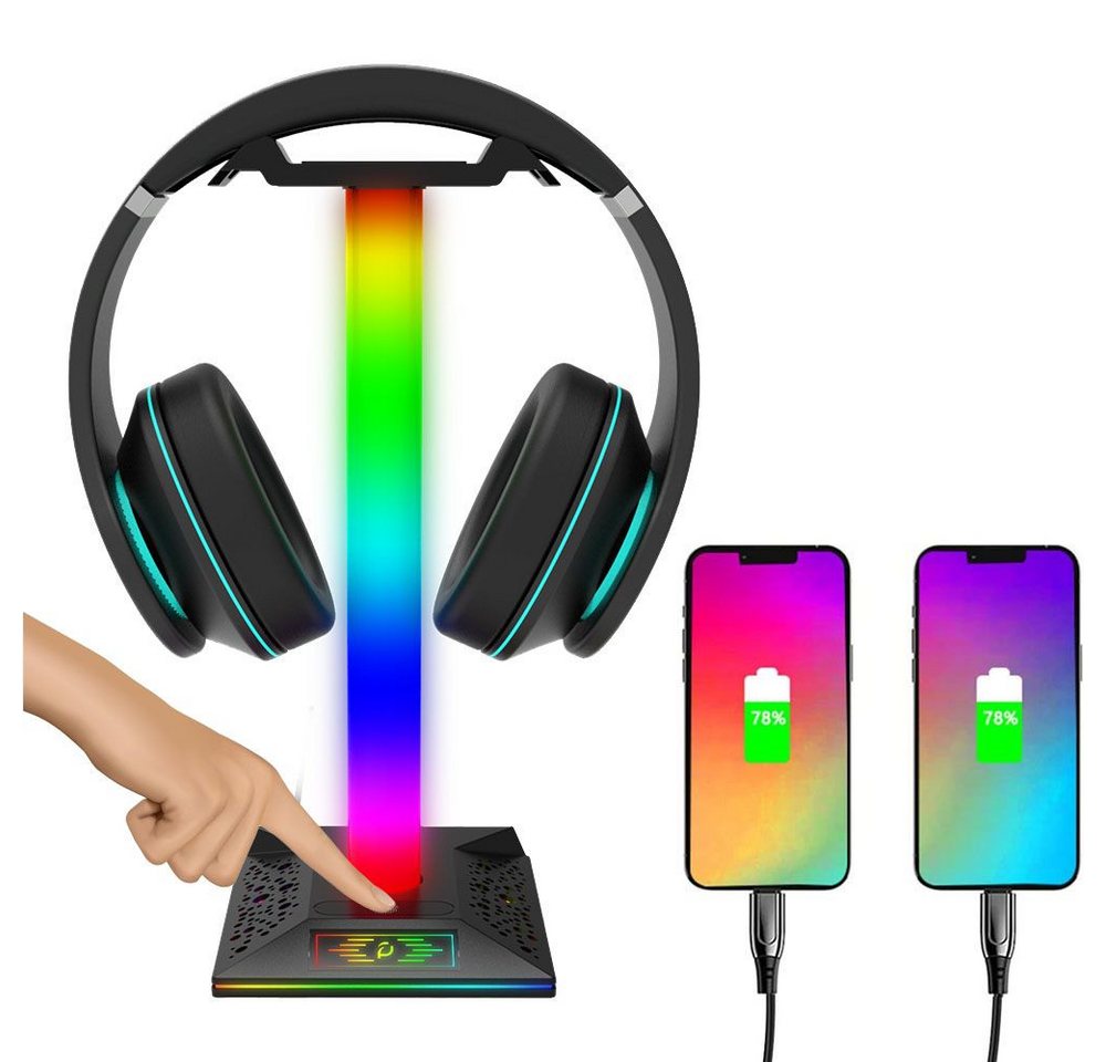 QUBEBU LED Headset Ständer mit 2 USB Ports Gaming-Headset Zubehör Universal Headset-Halterung, (RGB-Farbe, Größe: ca. 27,2 x 11cm, (2 x USB 2.0-Ausgangsport+1xType-C) von QUBEBU
