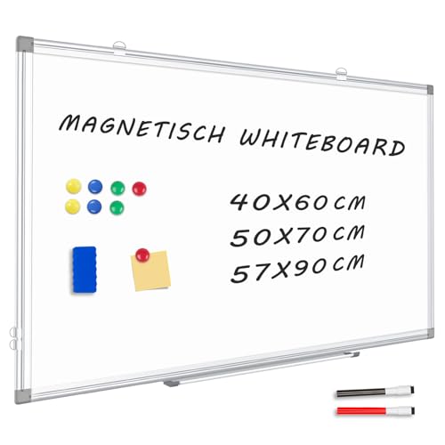 QUEENLINK Magnetisch Whiteboard, 57x90cm, Magnettafel mit Aluminiumrahmen, Magnetwand White Board mit Stiftablage und Haken von QUEENLINK