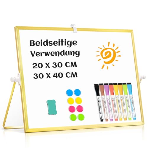 QUEENLINK Whiteboard Magnetisch, Beidseitige Verwendung Desktop Magnettafel klein, White Board Klein mit Ständer 30x40cm Schreibtafel Abwischbar AL70-S-3040-GLD von QUEENLINK