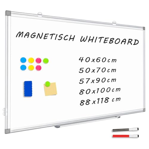 QUEENLINK Whiteboard Magnetisch, Magnettafel mit Aluminiumrahmen, 80×100cm Magnetwand White Board mit Stiftablage und Haken von QUEENLINK