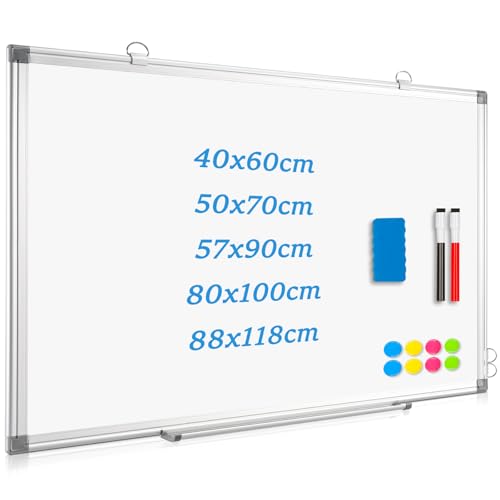 QUEENLINK Whiteboard Magnetisch, Magnettafel mit Aluminiumrahmen,50x70cm Magnetwand White Board mit Stiftablage und Haken von QUEENLINK