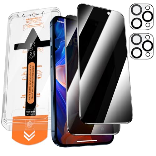 QUESPLE Panzerglas Sichtschutz für iPhone 15 Pro mit Kamera Schutz, [Auto-Installation] Anti-Spähen Full Screen Privatsphäre Schutzfolie, 9H Härte Gehärtetem Glas Displayschutzfolie, 2+2 Stück von QUESPLE