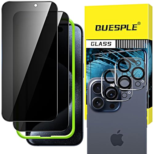 QUESPLE [2+2 Stück] Sichtschutz Panzerglas für iPhone 15 Pro Max 6,7 Zoll Schutzfolie, 2 Stück Privacy Panzer Schutz Glas und Kameraschutz, 9H Härte Displayschutz Folie mit Installationswerkzeug von QUESPLE