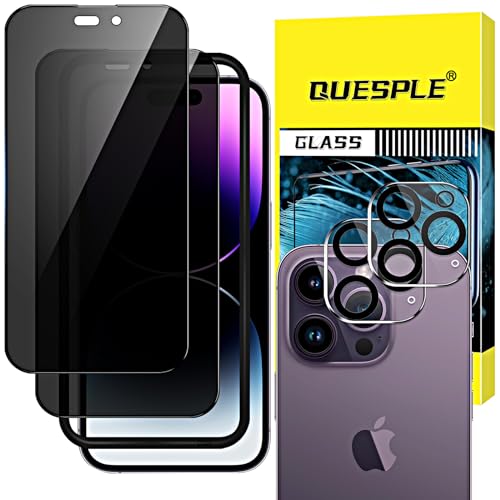 QUESPLE [2+2 Stück] Sichtschutz für iPhone 14 Pro 6,1 Zoll Schutzfolie, 2 Stück Privacy Panzer Schutz Glas und Kameraschutz, 9H Härte Displayschutz Folie mit Installationswerkzeug, Anti-Kratzen von QUESPLE