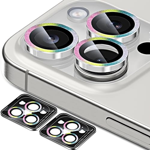QUESPLE [3+3 Stück] Kameraschutz für iPhone 15 Pro/15 Pro Max und iPhone 14 Pro/14 Pro Max, 9H Panzer Schutz Glas Folie Individuelle Ringabdeckung aus Metall mit Aluminiumkante, Bunter Glitzer von QUESPLE