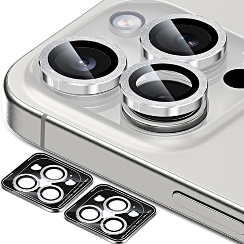QUESPLE [3+3 Stück] Kameraschutz für iPhone 15 Pro/15 Pro Max und iPhone 14 Pro/14 Pro Max, 9H Panzer Schutz Glas Folie Individuelle Ringabdeckung aus Metall mit Aluminiumkante, Glitzer Silber von QUESPLE