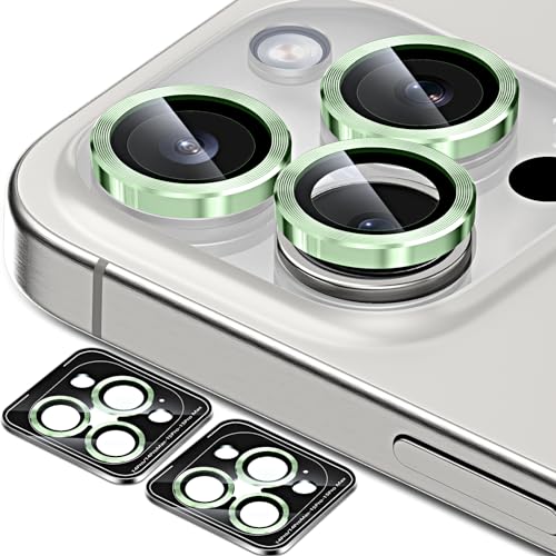 QUESPLE [3+3 Stück] Kameraschutz für iPhone 15 Pro/15 Pro Max und iPhone 14 Pro/14 Pro Max, 9H Panzer Schutz Glas Folie Individuelle Ringabdeckung aus Metall mit Aluminiumkante, Grün von QUESPLE