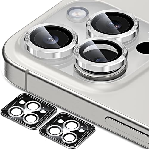 QUESPLE [3+3 Stück] Kameraschutz für iPhone 15 Pro/15 Pro Max und iPhone 14 Pro/14 Pro Max, 9H Panzer Schutz Glas Folie Individuelle Ringabdeckung aus Metall mit Aluminiumkante, Silber von QUESPLE