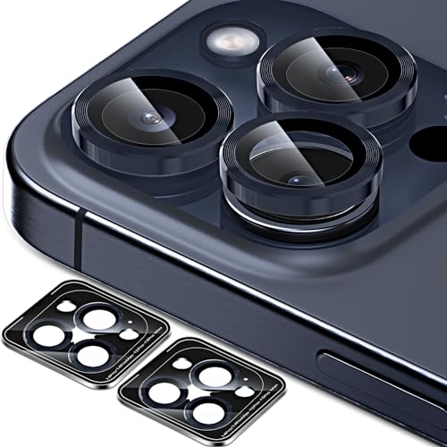 QUESPLE [3+3 Stück] Kameraschutz für iPhone 15 Pro/15 Pro Max und iPhone 14 Pro/14 Pro Max, 9H Panzer Schutz Glas Folie Individuelle Ringabdeckung aus Metall mit Aluminiumkante, Tinte Blau von QUESPLE