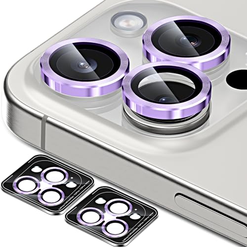 QUESPLE [3+3 Stück] Kameraschutz für iPhone 15 Pro/15 Pro Max und iPhone 14 Pro/14 Pro Max, 9H Panzer Schutz Glas Folie Individuelle Ringabdeckung aus Metall mit Aluminiumkante, Violett von QUESPLE