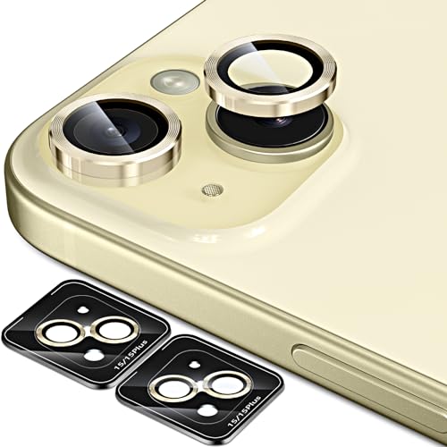 QUESPLE Kameraschutz für iPhone 15/15 Plus [2+2 Stück], 9H Panzer Schutz Glas Folie Individuelle Ringabdeckung aus Metall, Anti-Kratzen, HD Klar Ultradünnes gehärtetes Glas mit Aluminiumkante, Gelb von QUESPLE