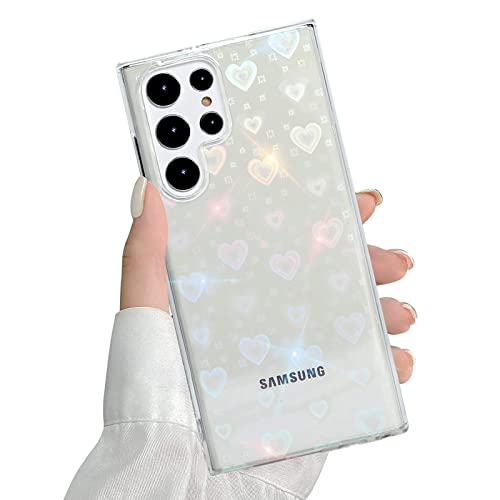 QUESPLE Kompatibel mit Samsung Galaxy S22 Ultra Hülle Transparent Glitzer Herz Muster für Frauen Mädchen Mode Weiche Langlebige Schlanke TPU Handyhülle, Hart PC Rückseite Kratzfest von QUESPLE