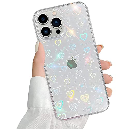 QUESPLE Kompatibel mit iPhone 13 Pro Max Hülle Transparent Glitzer Herz Muster für Frauen Mädchen Mode Weiche Langlebige Schlanke TPU Handyhülle, Hart PC Rückseite Kratzfest von QUESPLE