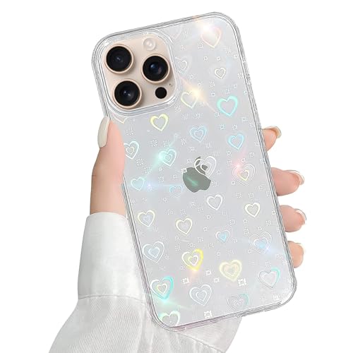 QUESPLE Kompatibel mit iPhone 16 Pro Max Hülle Transparent Glitzer Herz Muster für Frauen Mädchen Mode Weiche Langlebige Schlanke TPU Handyhülle, Hart PC Rückseite Kratzfest von QUESPLE