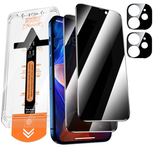 QUESPLE Panzerglas Sichtschutz für iPhone 12 mit Kamera Schutz, [Auto-Installation] Anti-Spähen Full Screen Privatsphäre Schutzfolie, 9H Härte Gehärtetem Glas Displayschutzfolie, 2+2 Stück von QUESPLE