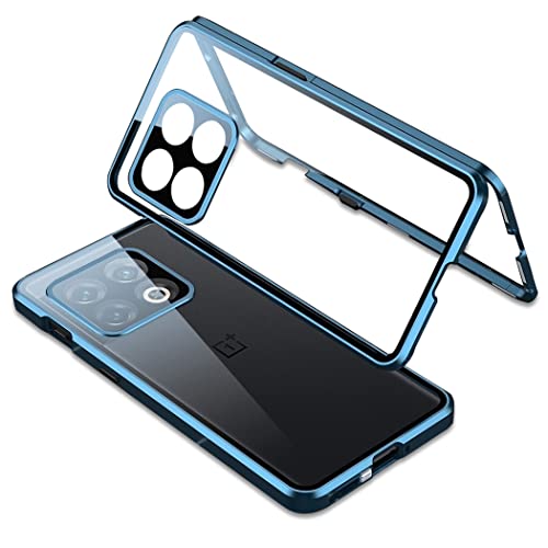 QUIETIP Hülle kompatibel mit OnePlus 10T 5G, magnetischer, dünner Metallrahmen, doppelseitig, klar, gehärtetes Glas, stoßfest, mit Objektiv-Kameraschutzabdeckung, blau von QUIETIP
