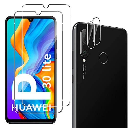 QULLOO [2 Stück Schutzfolie Kompatibel mit Huawei P30 Lite / P30 Lite New Edition für Panzerglas + [2 Stück] Kameraschutz, [9H Härte Displayschutzfolie Anti-Kratzen Panzerfolie] von QULLOO